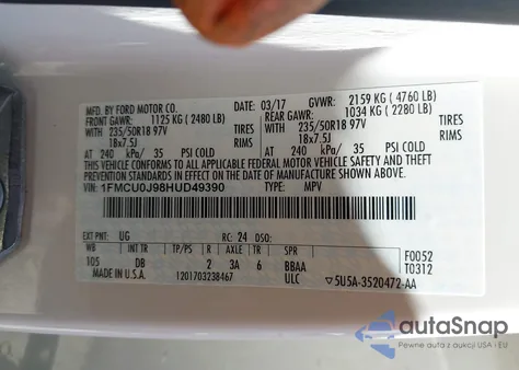 2017 Ford Escape Titanium z USA, uszkodzony, nr VIN 1FMCU0J98HUD49390